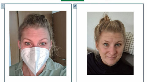 Biometrische Gesichtvergleiche, Gesicht derselben weiblichen Person auf zwei Bildern, links mit Atemmaske, rechts ohne