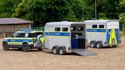 Geländewagen Nissan Pajero mit einem Pferdetransportanhänger