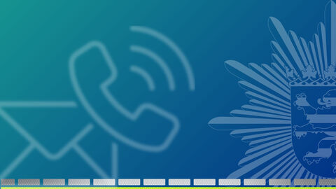 Symbolbild Kontakt - blauer Hintergrund mit Polizeistern, Briefumschlag und klingelnder Kopfhörer Icon 