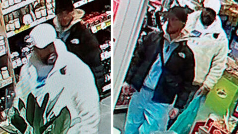 Fotocollage der unbekannten Täter nach Einbruch in ein Kasseler Eiscafé; Foto zeigt den Täter mit weißer Jacke und den Täter mit blauer Hose und blauer Oberbekleidung von schräg oben im Geschäft