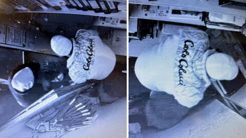 Fotocollage der unbekannten Täter nach Einbruch in ein Kasseler Eiscafé; Foto zeigt die beiden Täter von oben, bei dem Täter mit der weißen Jacke ist der Rückenschriftzug "Carlo Colucci" in schwarz zu lesen