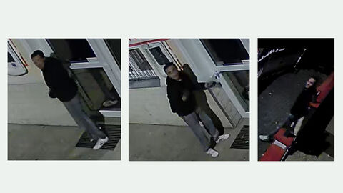 Collage mit drei Bildern des unbekannten Täters an einer Tür