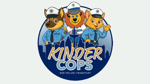 Hund, Löwe und Katze in Polizeiuniform hinter der Frankfurter Skyline Aufschrift Kinder Cops der Polizei Frankfurt