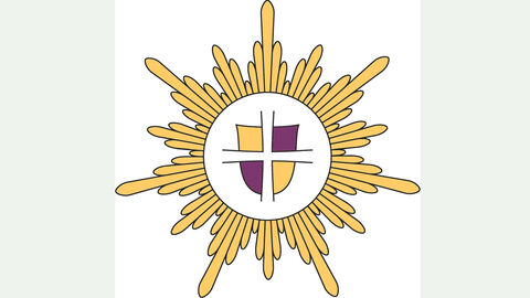 Stern Polizeiseelsorge ökumenisch, Stern außen goldfarben, Wappen innen gold-lila