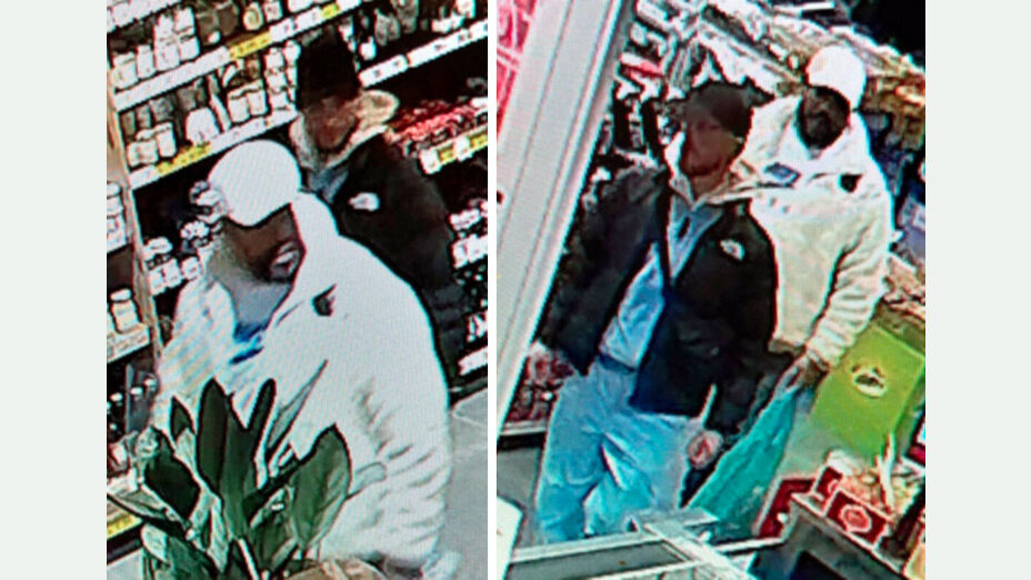 Fotocollage der unbekannten Täter nach Einbruch in ein Kasseler Eiscafé; Foto zeigt den Täter mit weißer Jacke und den Täter mit blauer Hose und blauer Oberbekleidung von schräg oben im Geschäft