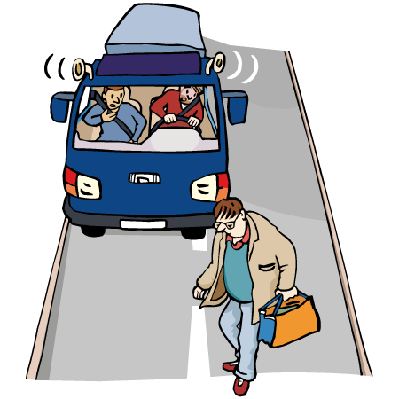 Ein Mann passt nicht auf. Er läuft über die Straße und sieht den Lastwagen nicht.
